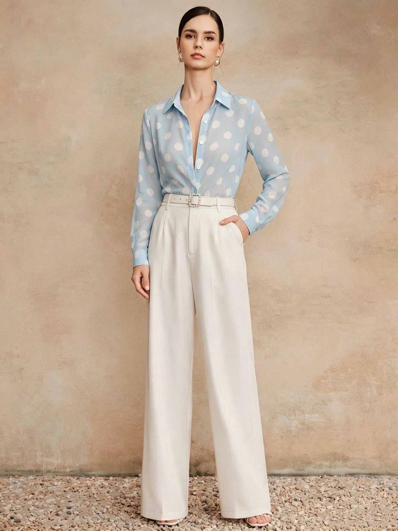 Anewsta Essential High Quality Fashionable French Retro Elegant Polka Dot Chiffon Long Sleeve Blouse, Versatile Polka Dot Shirt For Commuting, Vacation Outfits For Women
