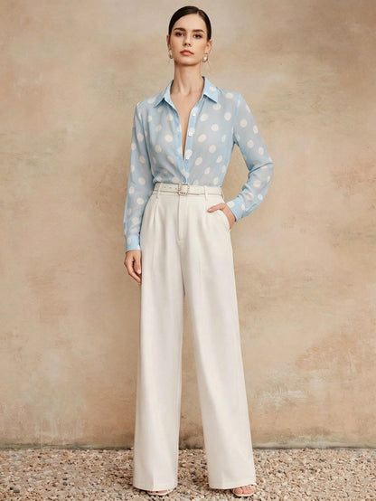 Anewsta Essential High Quality Fashionable French Retro Elegant Polka Dot Chiffon Long Sleeve Blouse, Versatile Polka Dot Shirt For Commuting, Vacation Outfits For Women