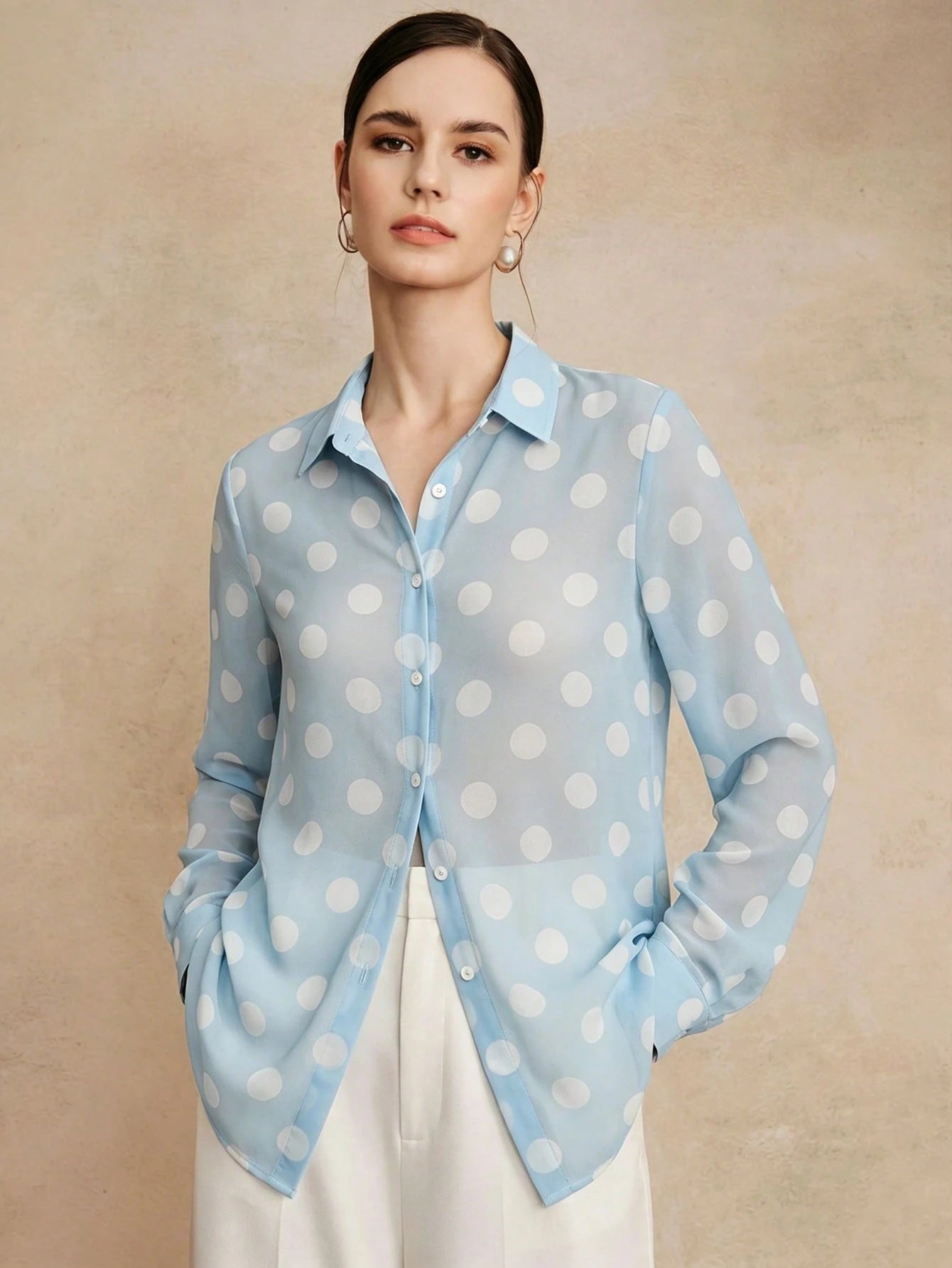 Anewsta Essential High Quality Fashionable French Retro Elegant Polka Dot Chiffon Long Sleeve Blouse, Versatile Polka Dot Shirt For Commuting, Vacation Outfits For Women