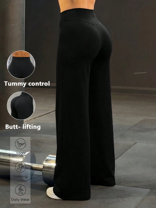 Aoqta Sports Women's Casual Kint Wide Leg Pants,Basic Solid Color High Waist Butt-Lifting Long Pants,For Yoga,Gym,Running,Workout,Daily Outfit
