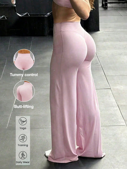 Aoqta Sports Women's Casual Kint Wide Leg Pants,Basic Solid Color High Waist Butt-Lifting Long Pants,For Yoga,Gym,Running,Workout,Daily Outfit