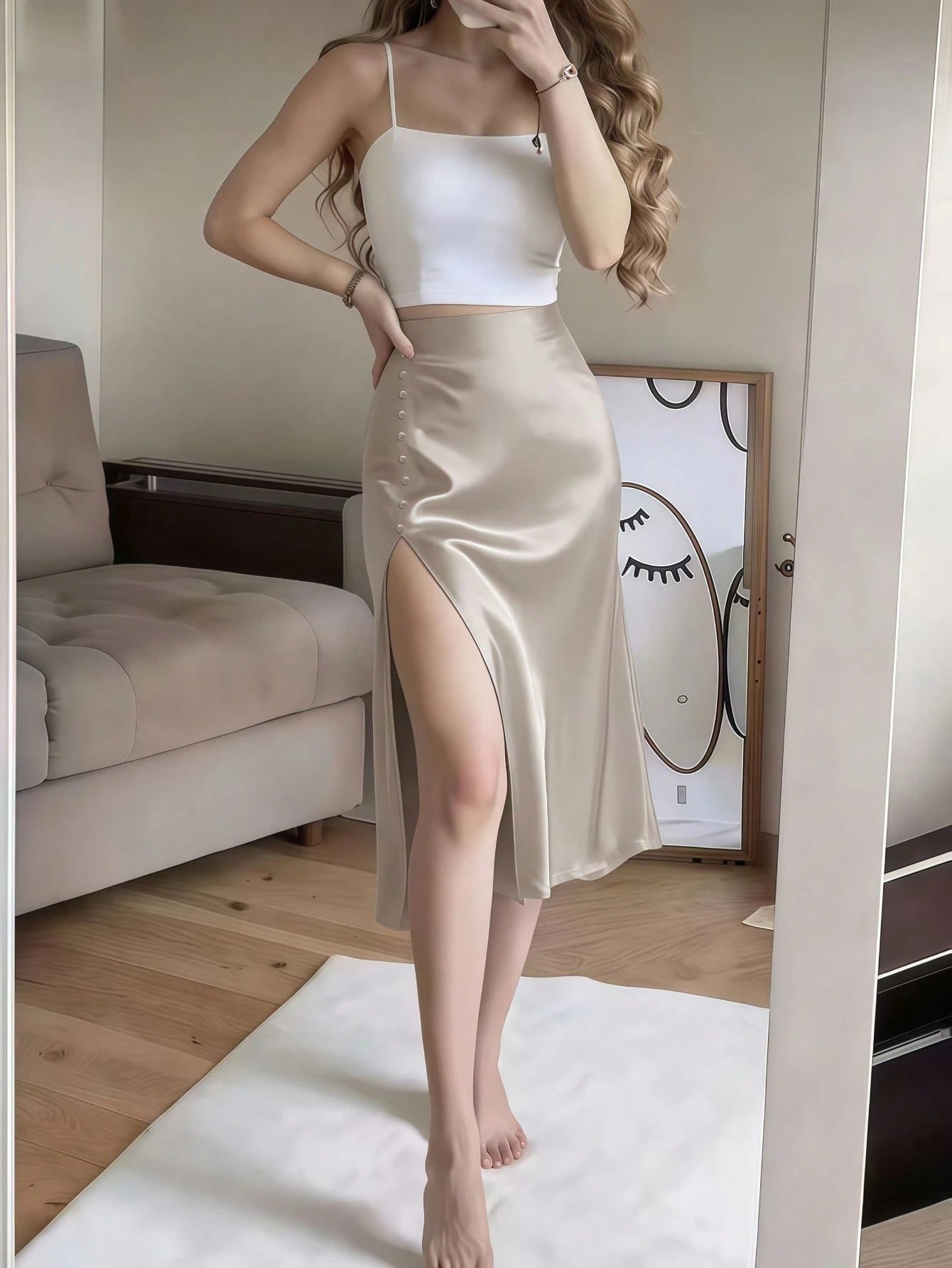 Apricot Satin High Slit Button-Up Skirt, French Elegant A-Line Skirt