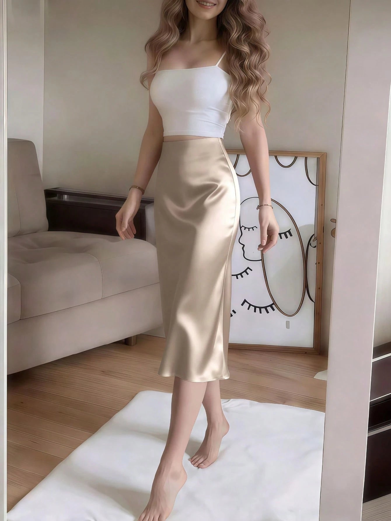 Apricot Satin High Slit Button-Up Skirt, French Elegant A-Line Skirt