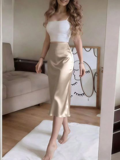 Apricot Satin High Slit Button-Up Skirt, French Elegant A-Line Skirt