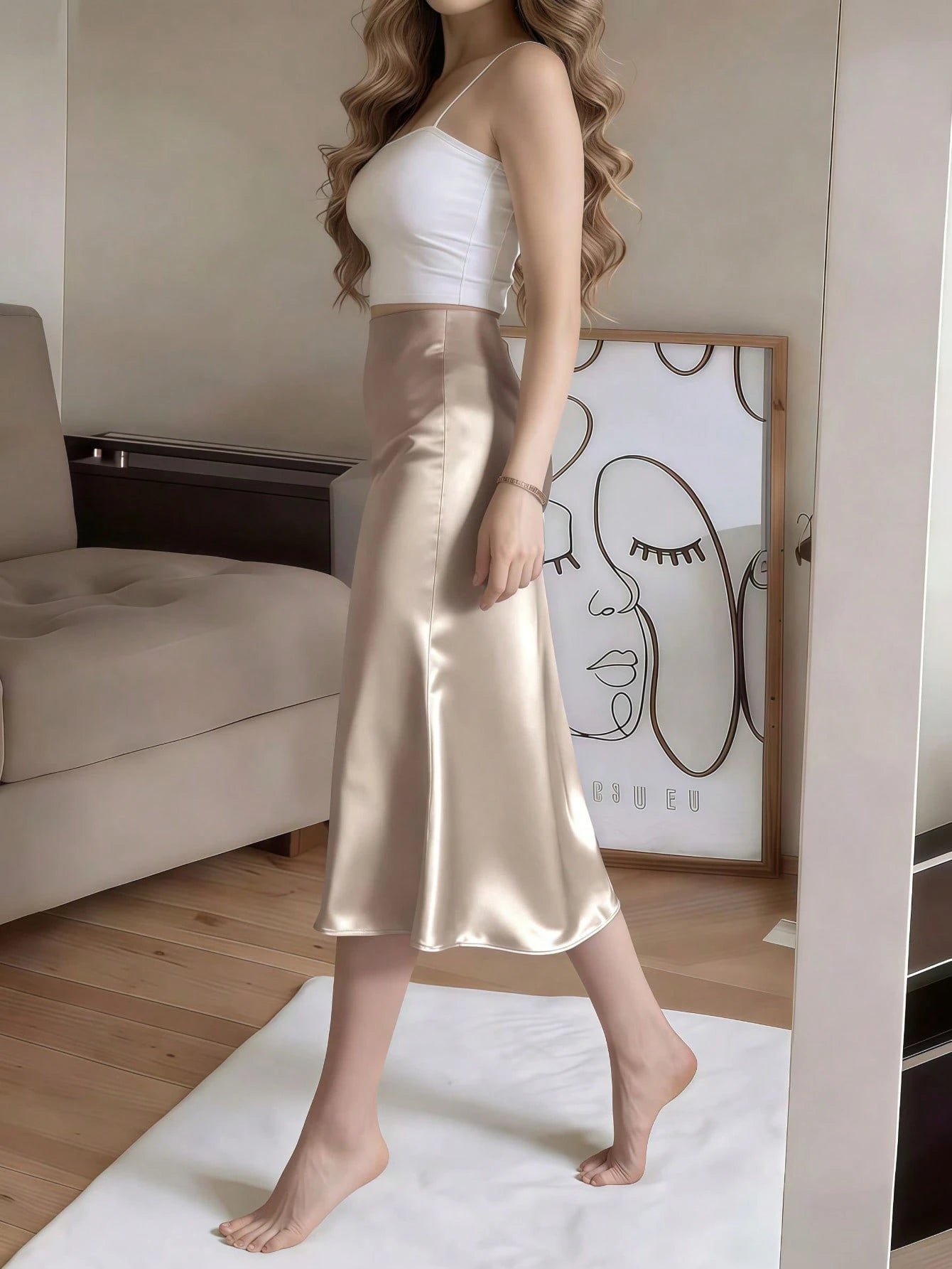 Apricot Satin High Slit Button-Up Skirt, French Elegant A-Line Skirt