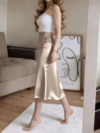 Apricot Satin High Slit Button-Up Skirt, French Elegant A-Line Skirt
