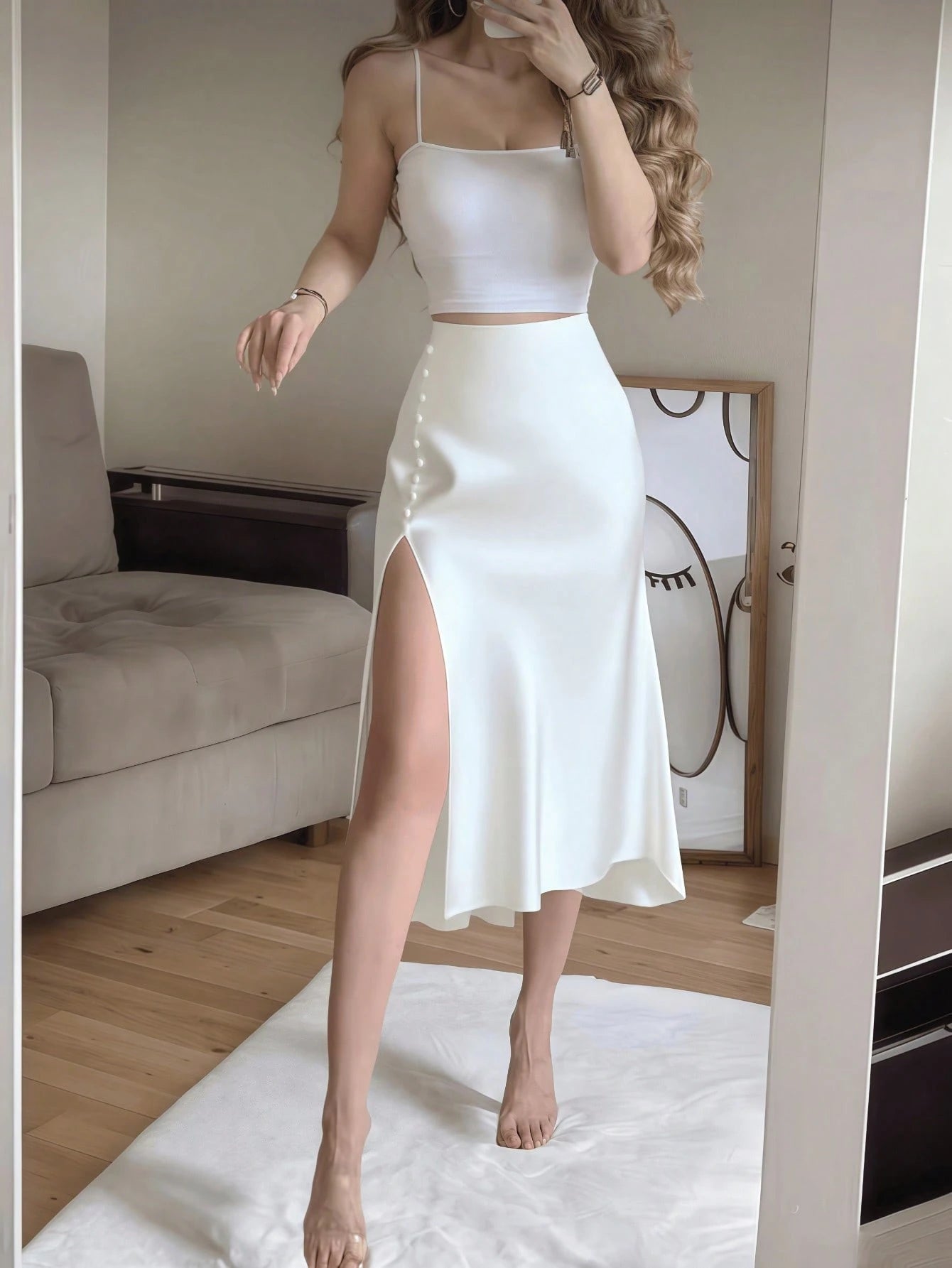 Apricot Satin High Slit Button-Up Skirt, French Elegant A-Line Skirt