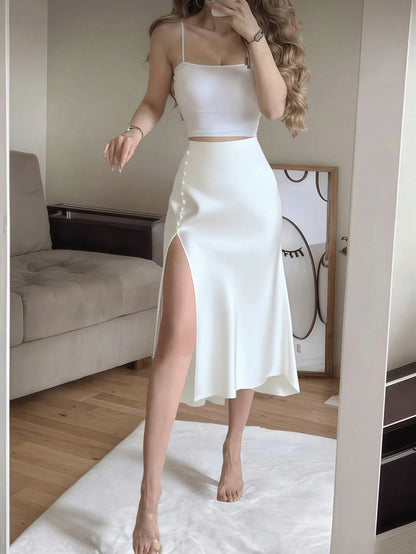 Apricot Satin High Slit Button-Up Skirt, French Elegant A-Line Skirt