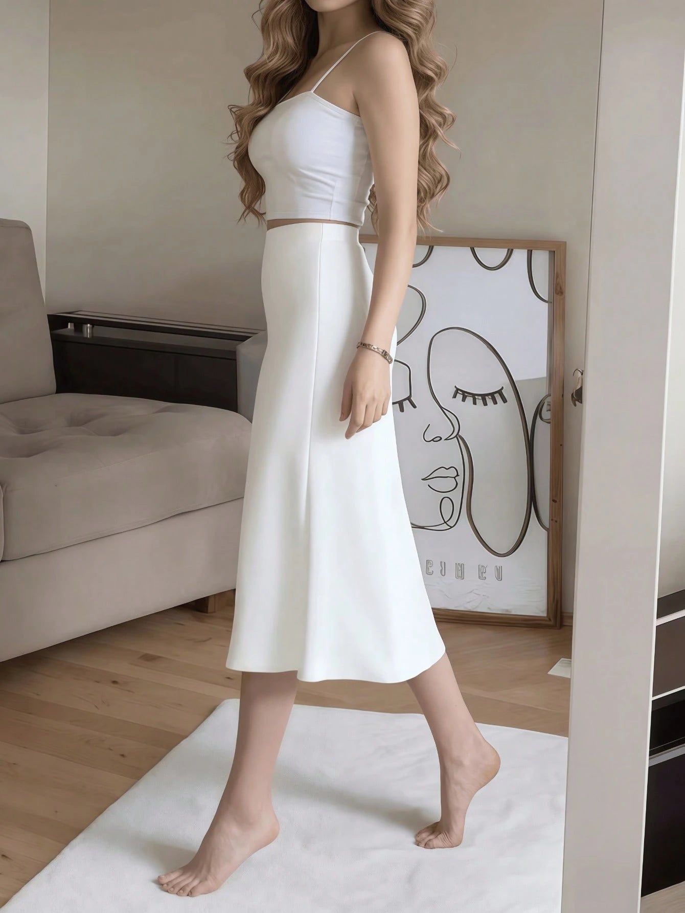 Apricot Satin High Slit Button-Up Skirt, French Elegant A-Line Skirt