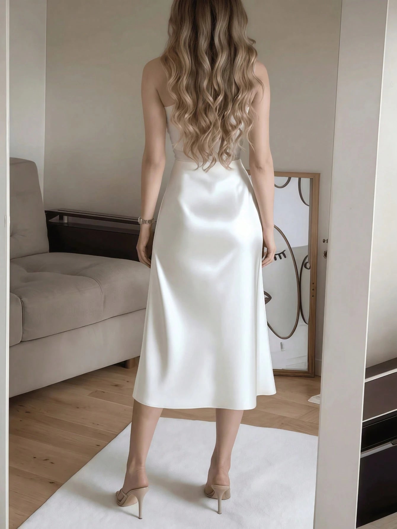 Apricot Satin High Slit Button-Up Skirt, French Elegant A-Line Skirt