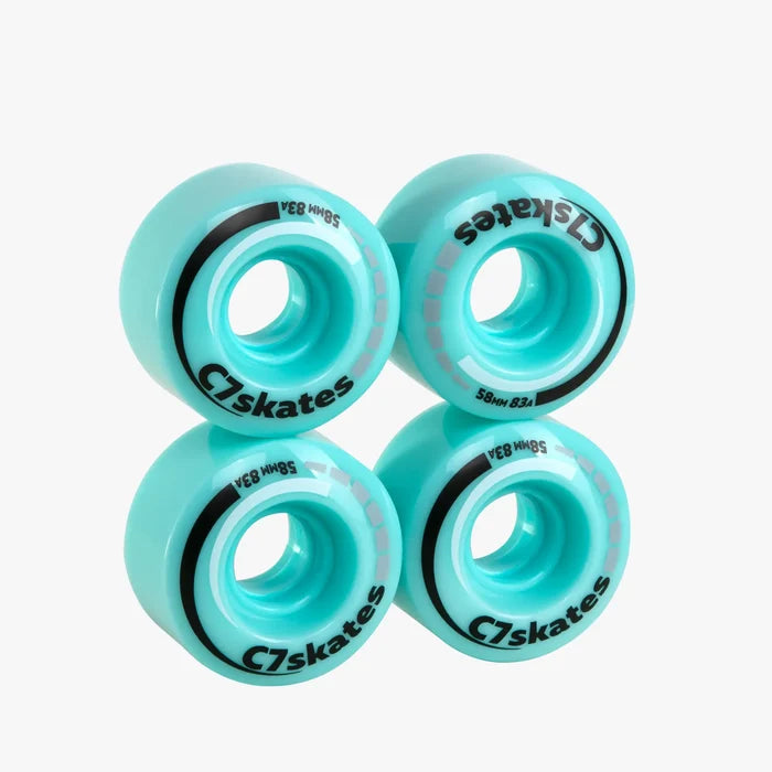 Four turquoise wheels with 'C7skates' branding on a white background