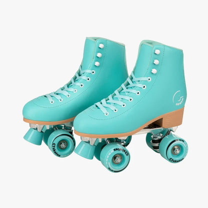 Pair of turquoise roller skates with wooden wheels on a white background