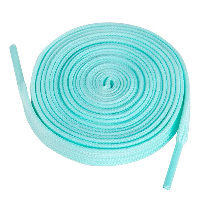 Turquoise shoelaces coiled on a white background