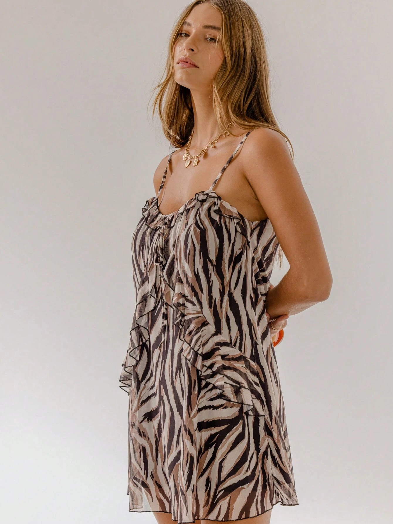 Aralina Summer Winter Ruffle Animal Print Sexy Pink Mini Dress