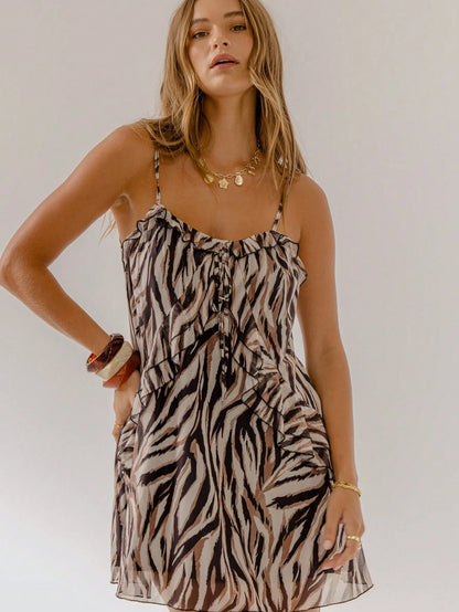 Aralina Summer Winter Ruffle Animal Print Sexy Pink Mini Dress