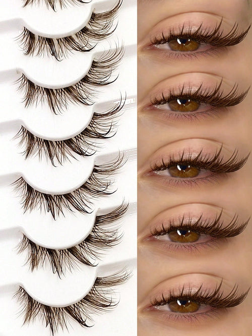 Asiteo 7 Pairs Wet Brown Fox Eye False Eyelashes, With Transparent Lash Band, Wet Makeup Effect, Suitable For Daily Use, Wet Faux Mink Lashes, Messy Wet Eyelash Extension, Suitable For Cosplay, Anime