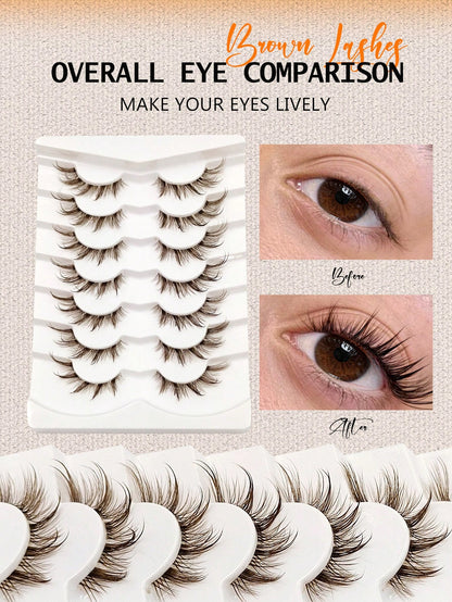 Asiteo 7 Pairs Wet Brown Fox Eye False Eyelashes, With Transparent Lash Band, Wet Makeup Effect, Suitable For Daily Use, Wet Faux Mink Lashes, Messy Wet Eyelash Extension, Suitable For Cosplay, Anime