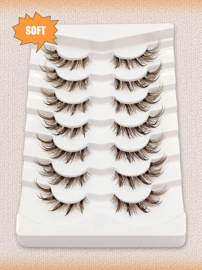 Asiteo 7 Pairs Wet Brown Fox Eye False Eyelashes, With Transparent Lash Band, Wet Makeup Effect, Suitable For Daily Use, Wet Faux Mink Lashes, Messy Wet Eyelash Extension, Suitable For Cosplay, Anime