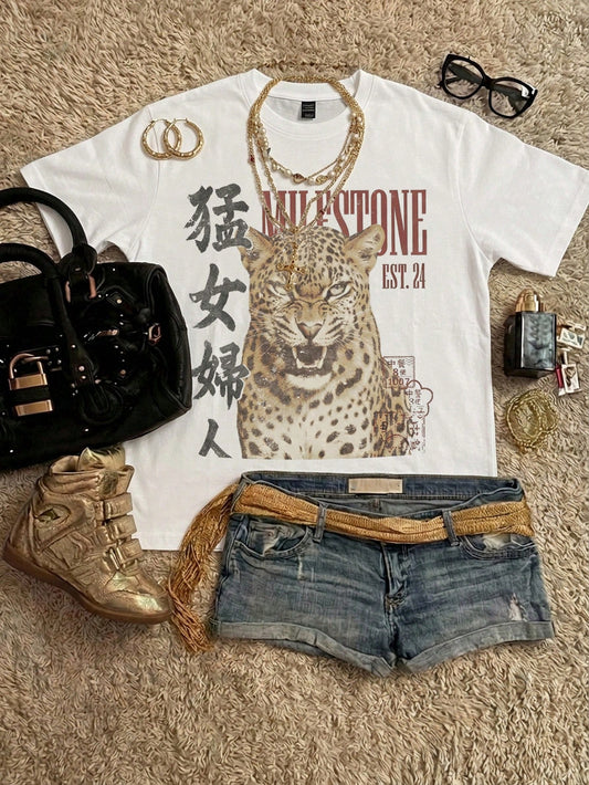 Attitoon 95% Cotton Women's Casual Vintage Loose T-Shirt, Tiger Print, Y2K Style, Vintage, Suitable For Daily Commute, Date, Party, Autumn/Winter/Spring/Summer, Christmas, New Year, Thanksgiving, Part