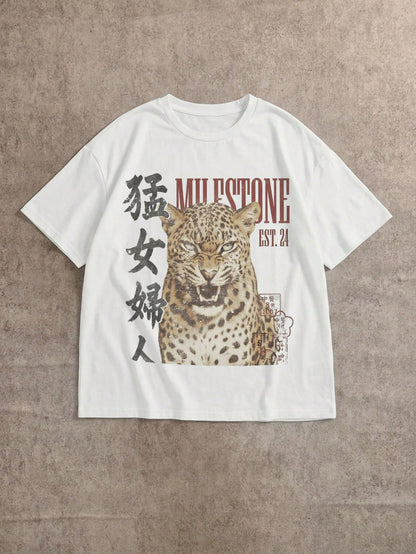 Attitoon 95% Cotton Women's Casual Vintage Loose T-Shirt, Tiger Print, Y2K Style, Vintage, Suitable For Daily Commute, Date, Party, Autumn/Winter/Spring/Summer, Christmas, New Year, Thanksgiving, Part