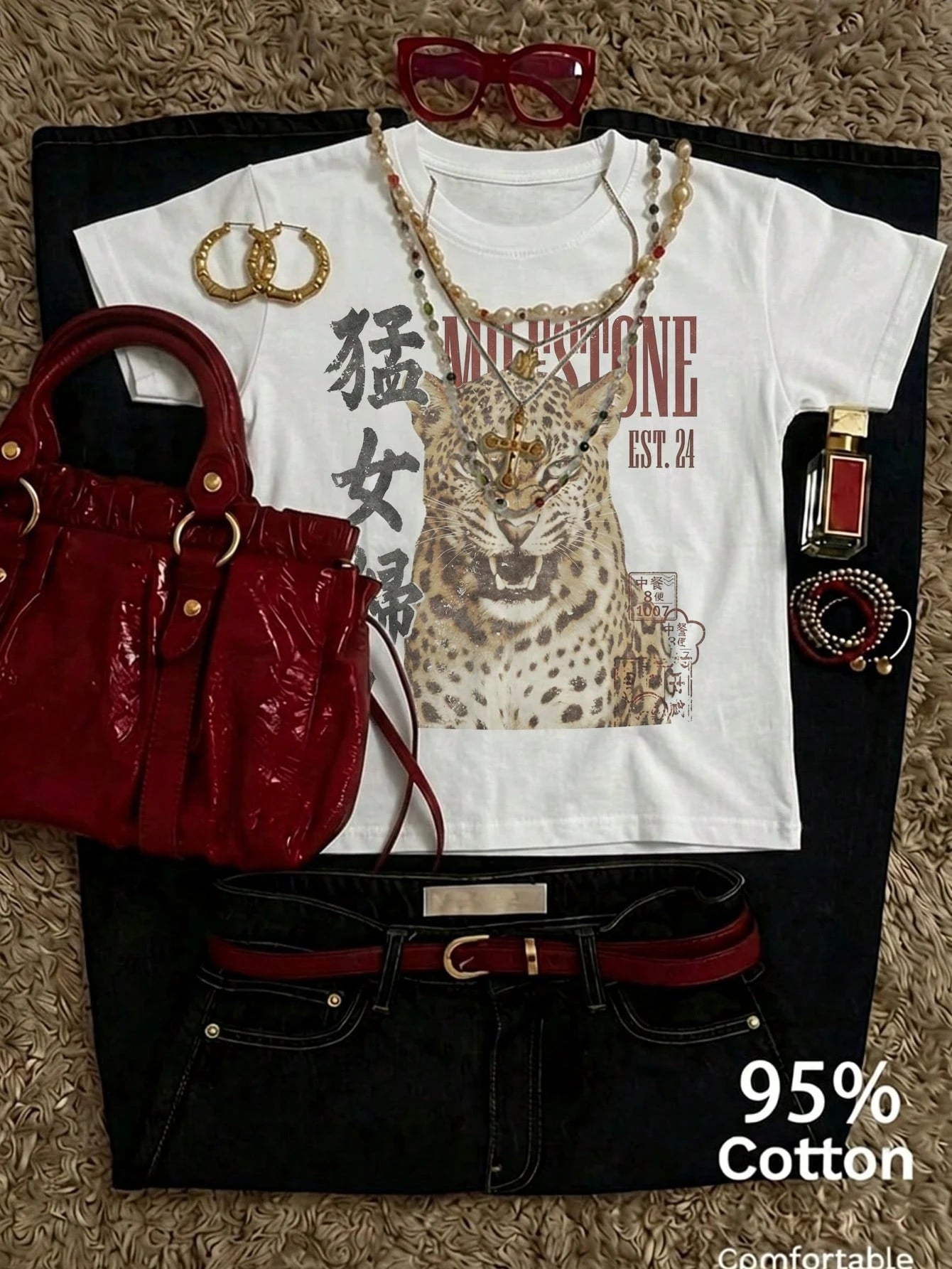 Attitoon 95% Cotton Women's Casual Vintage Loose T-Shirt, Tiger Print, Y2K Style, Vintage, Suitable For Daily Commute, Date, Party, Autumn/Winter/Spring/Summer, Christmas, New Year, Thanksgiving, Part