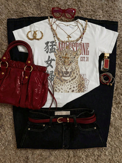 Attitoon 95% Cotton Women's Casual Vintage Loose T-Shirt, Tiger Print, Y2K Style, Vintage, Suitable For Daily Commute, Date, Party, Autumn/Winter/Spring/Summer, Christmas, New Year, Thanksgiving, Part