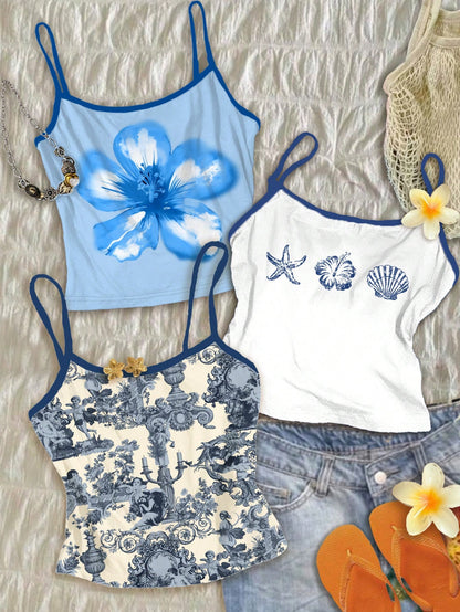 Attitoon Plus Size 3pcs/Set Women's Vintage Inspired Top,French Blue Angel Statue,Floral Watercolor,Shell Print,Summer,Y2k,Vacation,Holiday,Boho Hawaii Beach