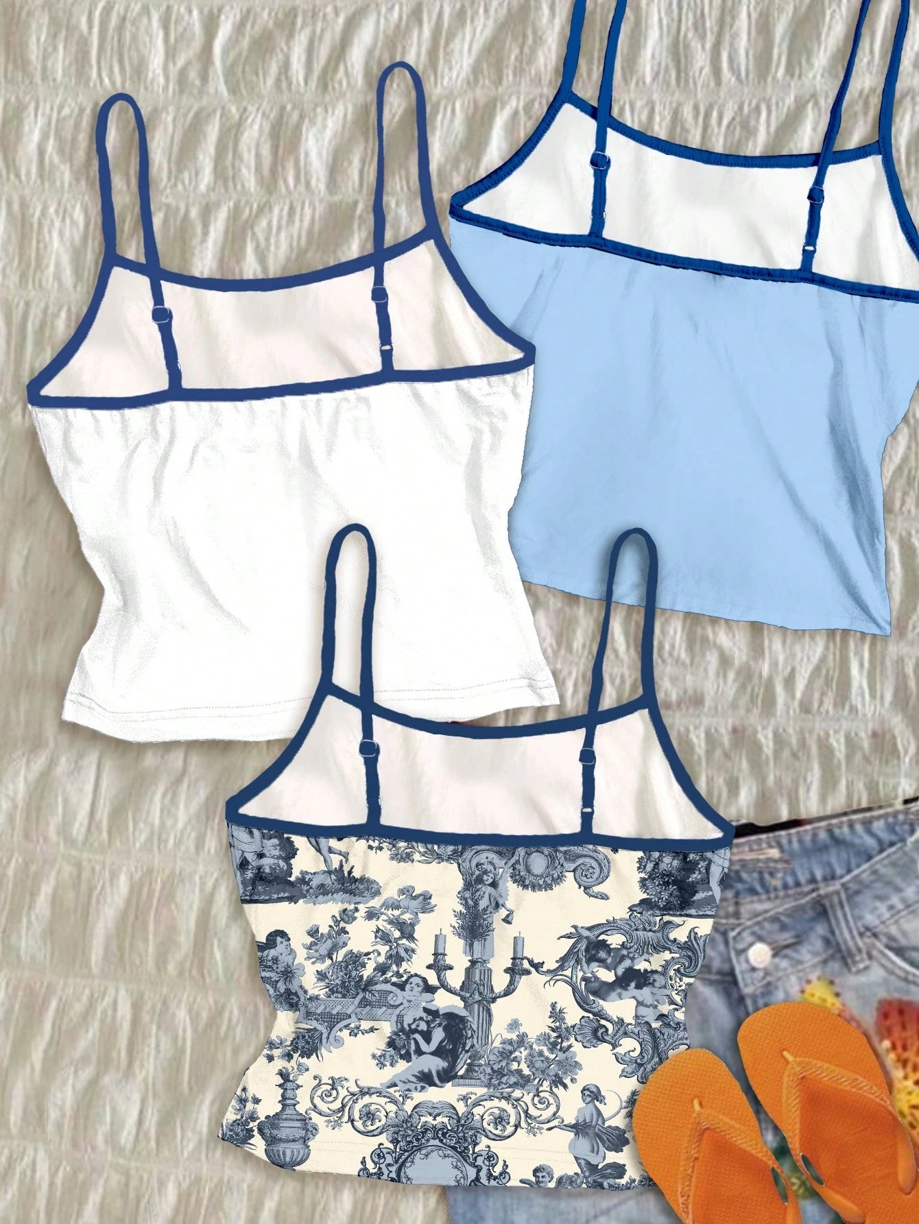 Attitoon Plus Size 3pcs/Set Women's Vintage Inspired Top,French Blue Angel Statue,Floral Watercolor,Shell Print,Summer,Y2k,Vacation,Holiday,Boho Hawaii Beach
