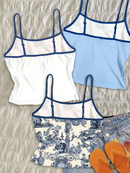 Attitoon Plus Size 3pcs/Set Women's Vintage Inspired Top,French Blue Angel Statue,Floral Watercolor,Shell Print,Summer,Y2k,Vacation,Holiday,Boho Hawaii Beach