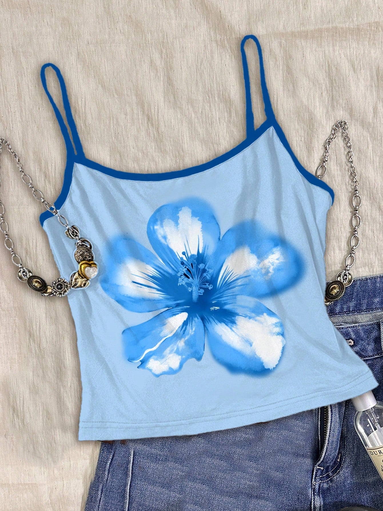 Attitoon Plus Size 3pcs/Set Women's Vintage Inspired Top,French Blue Angel Statue,Floral Watercolor,Shell Print,Summer,Y2k,Vacation,Holiday,Boho Hawaii Beach