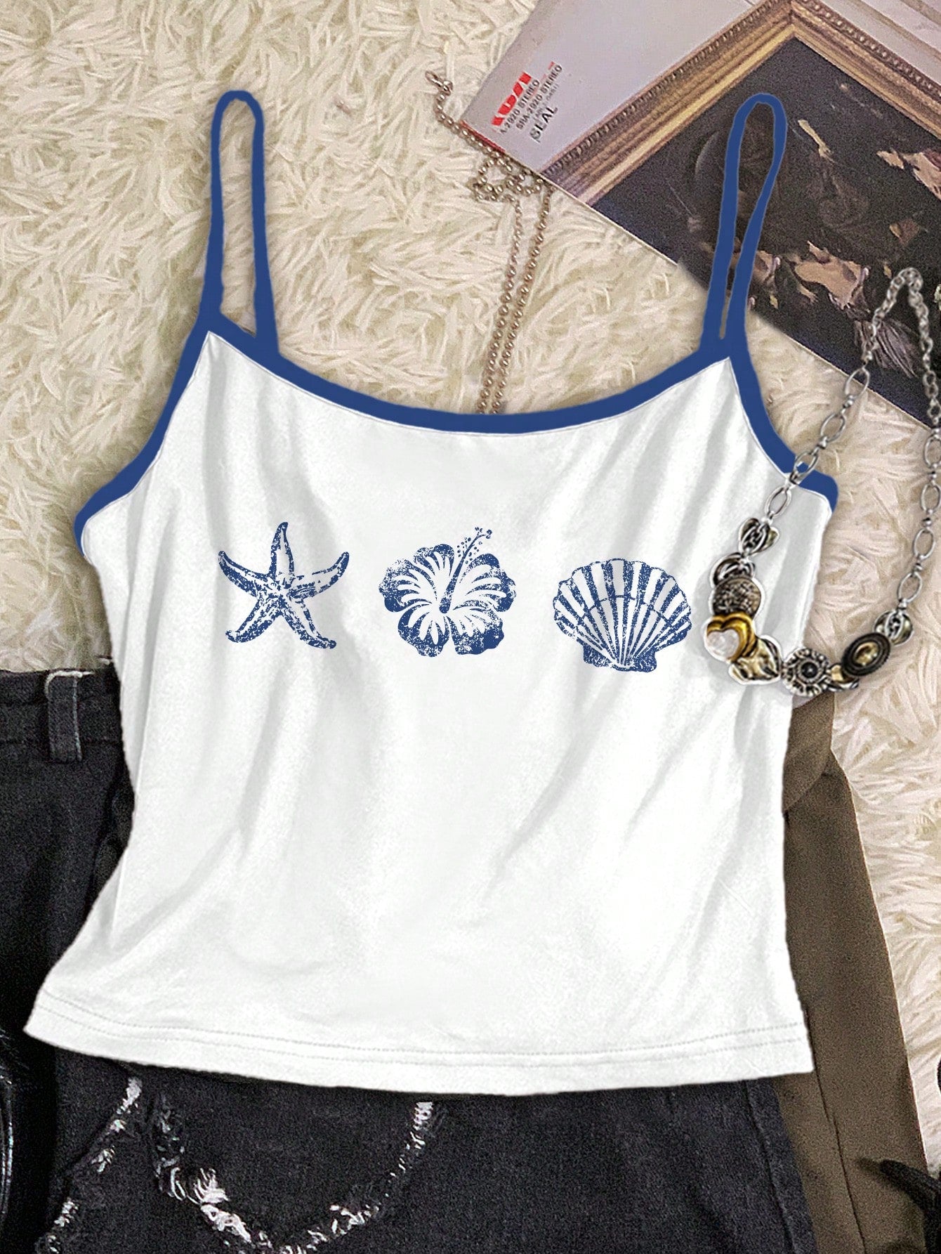 Attitoon Plus Size 3pcs/Set Women's Vintage Inspired Top,French Blue Angel Statue,Floral Watercolor,Shell Print,Summer,Y2k,Vacation,Holiday,Boho Hawaii Beach