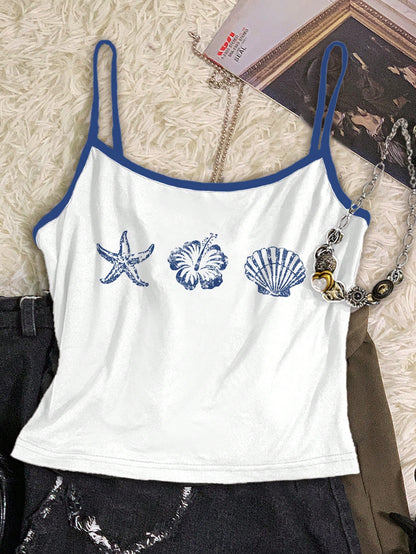 Attitoon Plus Size 3pcs/Set Women's Vintage Inspired Top,French Blue Angel Statue,Floral Watercolor,Shell Print,Summer,Y2k,Vacation,Holiday,Boho Hawaii Beach
