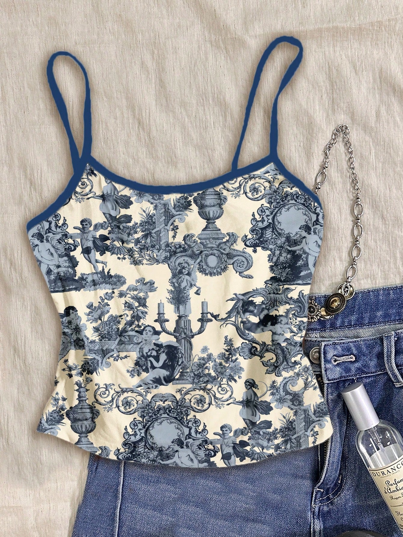 Attitoon Plus Size 3pcs/Set Women's Vintage Inspired Top,French Blue Angel Statue,Floral Watercolor,Shell Print,Summer,Y2k,Vacation,Holiday,Boho Hawaii Beach