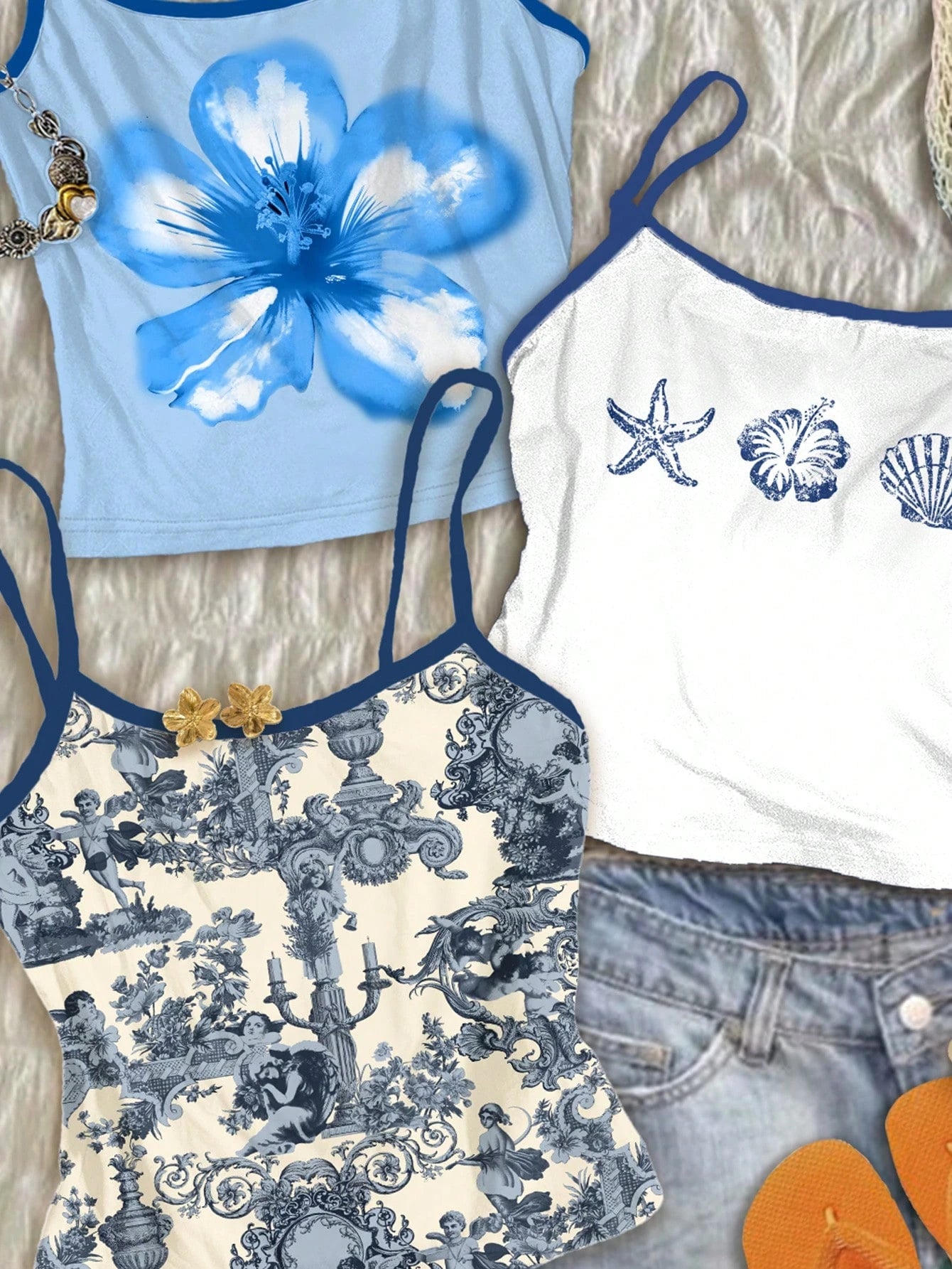 Attitoon Plus Size 3pcs/Set Women's Vintage Inspired Top,French Blue Angel Statue,Floral Watercolor,Shell Print,Summer,Y2k,Vacation,Holiday,Boho Hawaii Beach