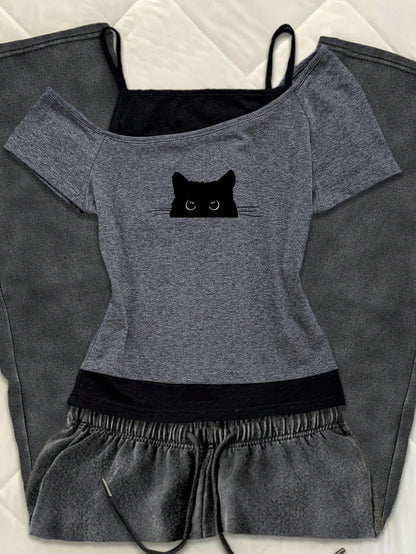 Attitoon Plus Size Women's Casual Retro Black Cat Peeping Print Contrast Color Short Sleeve T-Shirt, Suitable For Summer