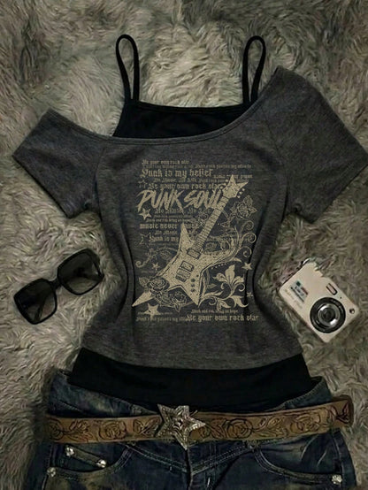 Attitoon Women's Dark Grey Punk Rock Guitar Print Short Sleeve T-Shirt,Summer Grunge Music Festival Y2K Goth Casual Color Block Retro Streetwear Vintage Top