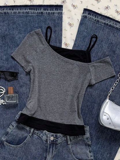 Attitoon Women's Dark Grey Punk Rock Guitar Print Short Sleeve T-Shirt,Summer Grunge Music Festival Y2K Goth Casual Color Block Retro Streetwear Vintage Top