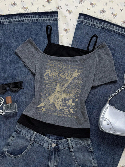 Attitoon Women's Dark Grey Punk Rock Guitar Print Short Sleeve T-Shirt,Summer Grunge Music Festival Y2K Goth Casual Color Block Retro Streetwear Vintage Top