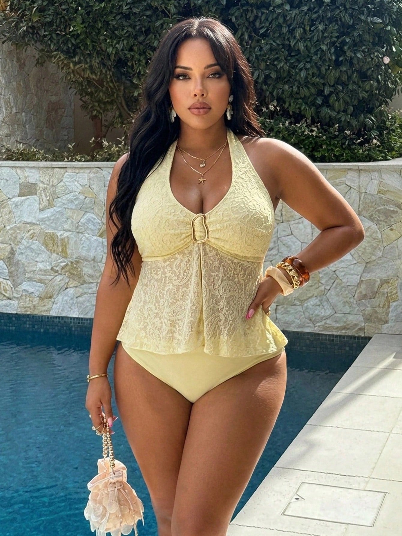 Auralis Plus Size Women's Summer Beach Vacation Patchwork Cashew Lace Halter Neck Tankini Set Women Beach Outfit Beach Outfits For Women Yellow