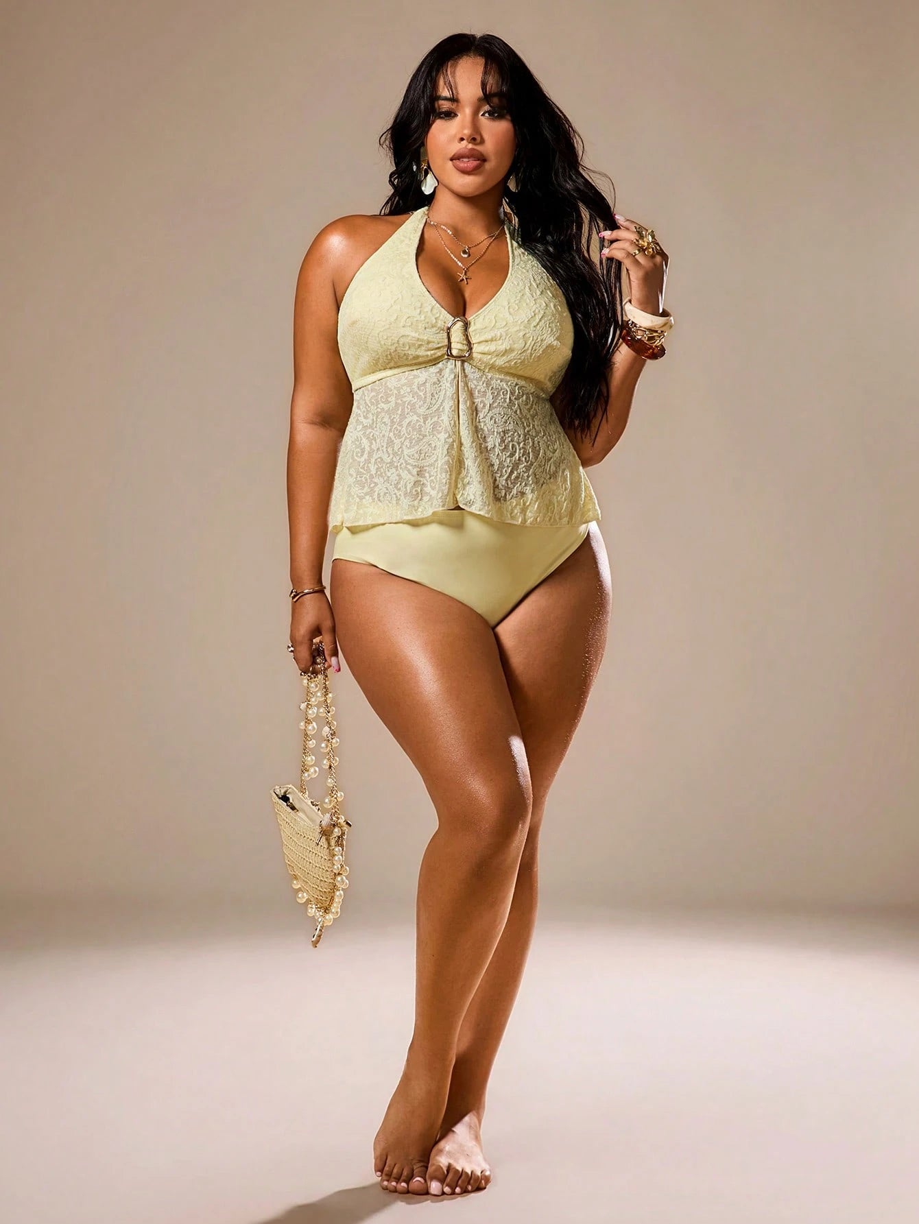 Auralis Plus Size Women's Summer Beach Vacation Patchwork Cashew Lace Halter Neck Tankini Set Women Beach Outfit Beach Outfits For Women Yellow