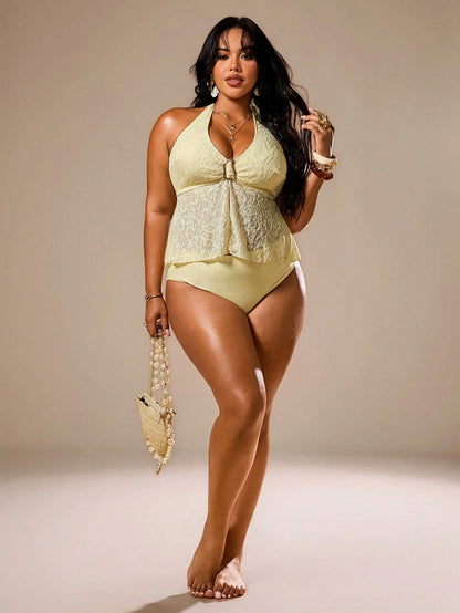 Auralis Plus Size Women's Summer Beach Vacation Patchwork Cashew Lace Halter Neck Tankini Set Women Beach Outfit Beach Outfits For Women Yellow