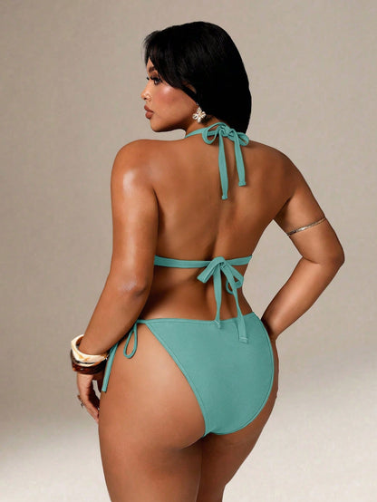 Auralis Plus Size Women Summer Beach Solid Color Sequin Halter Tie Sexy Fashion Bikini Two-Piece Swimsuit Set Outfits Vacation Rusty Dusty
