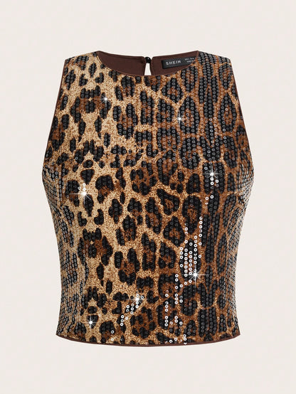 Auralis Women's Plus Size Brown Summer 70's Leopard Print Sequined Top,Sparkly Curve Night Out Rave Club Party Outfits,Y2k Sexy Christmas Masquerade Ball
