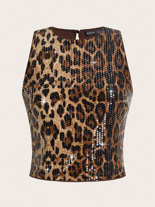 Auralis Women's Plus Size Brown Summer 70's Leopard Print Sequined Top,Sparkly Curve Night Out Rave Club Party Outfits,Y2k Sexy Christmas Masquerade Ball