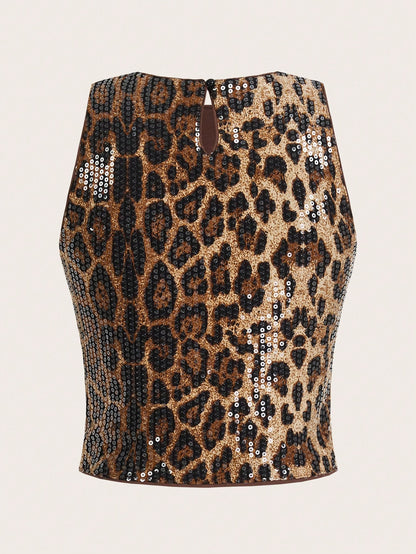 Auralis Women's Plus Size Brown Summer 70's Leopard Print Sequined Top,Sparkly Curve Night Out Rave Club Party Outfits,Y2k Sexy Christmas Masquerade Ball