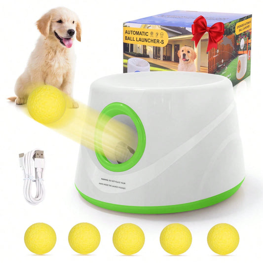 Automatic Dog Ball Launcher Indoor/Outdoor Dog Toy, 3 Adjustable Distances (19ft/32ft/45ft), Rechargable, Includes 5 ETPU Balls, Dog Tennis Ball Launcher Interactive Dog Toys
