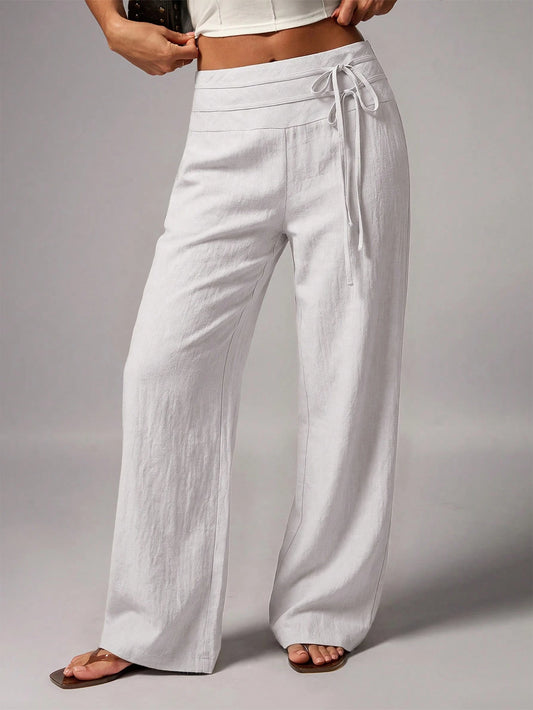 Avenya Linen Vacation Casual Style Low Waist Wide Leg Floor Length Pants With Double Waist Belt Tie Decoration