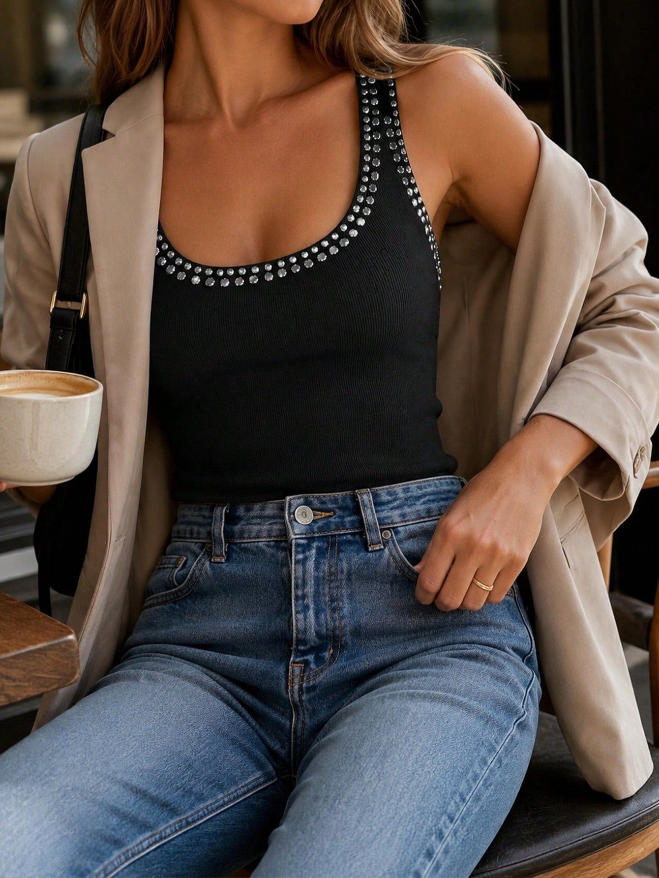 Avenya Women's Fashion U-Neck Rivet Decor Camisole Top, Summer