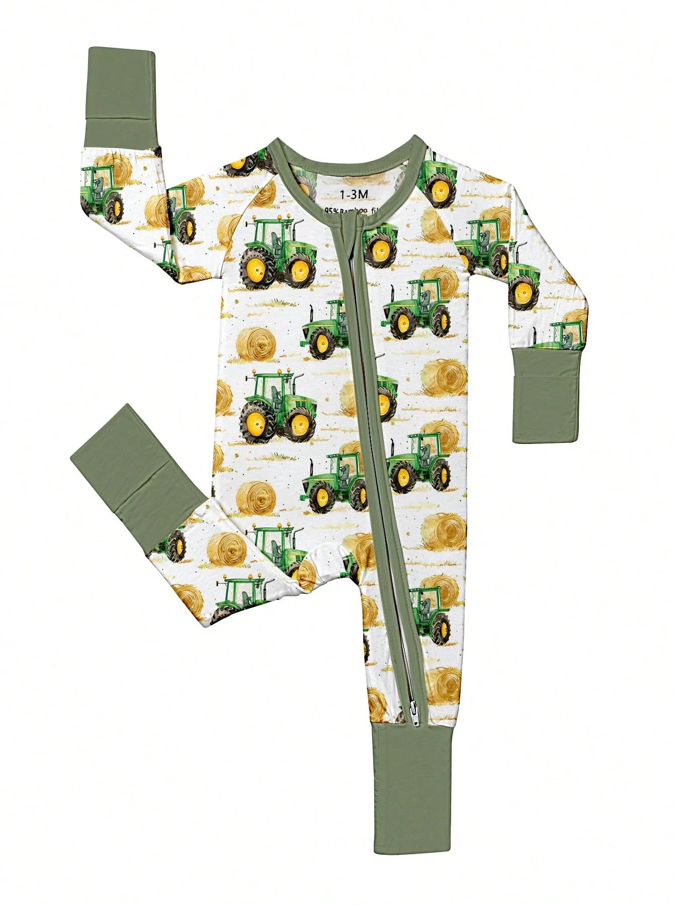 Baby Bamboo Fiber Zip-Up, Farm Car Harvester Print Romper, All-Season Knit Fabric Skinny Fit With Zipper Detail, Boy Baby Clothes, Perfect For Outdoor
