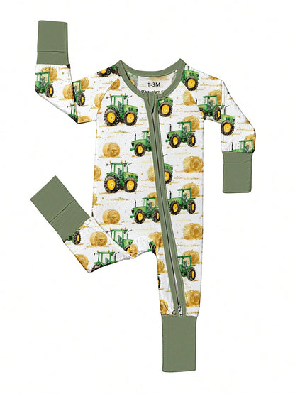 Baby Bamboo Fiber Zip-Up, Farm Car Harvester Print Romper, All-Season Knit Fabric Skinny Fit With Zipper Detail, Boy Baby Clothes, Perfect For Outdoor